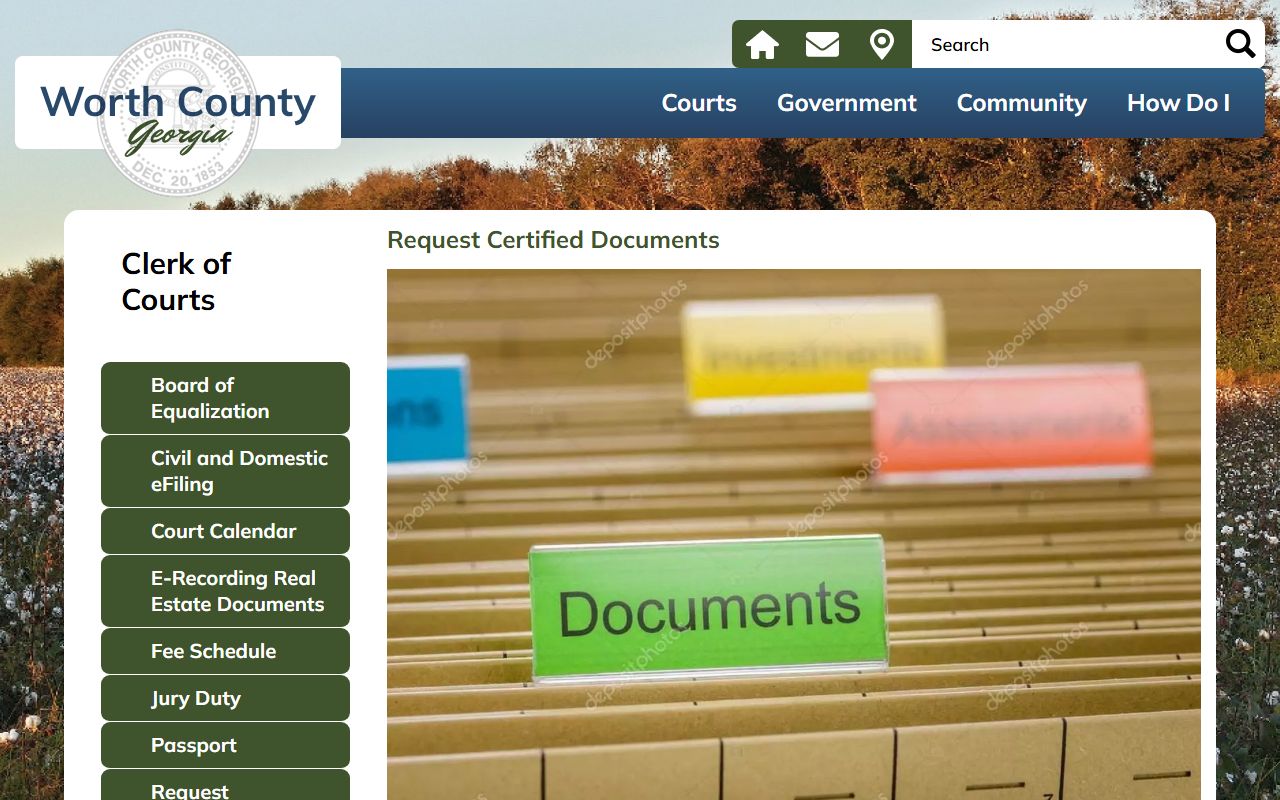 Worth County Clerk of Courts certified document request page
