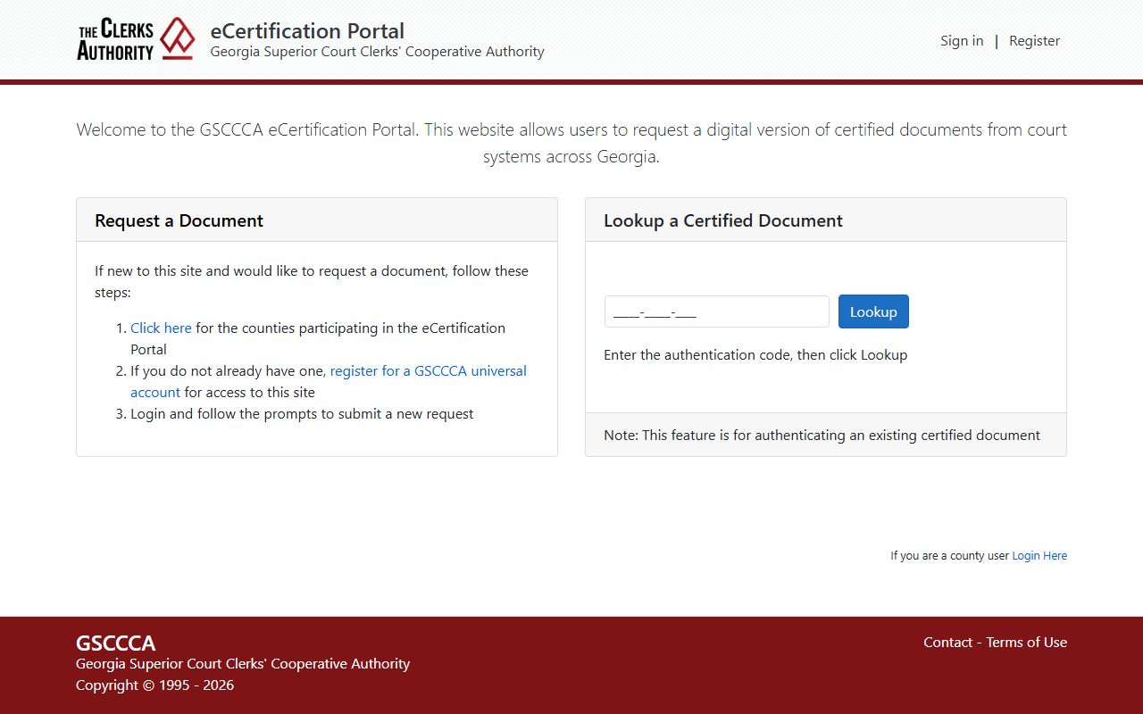 Worth County Clerk of Courts GSCCCA eCertification portal