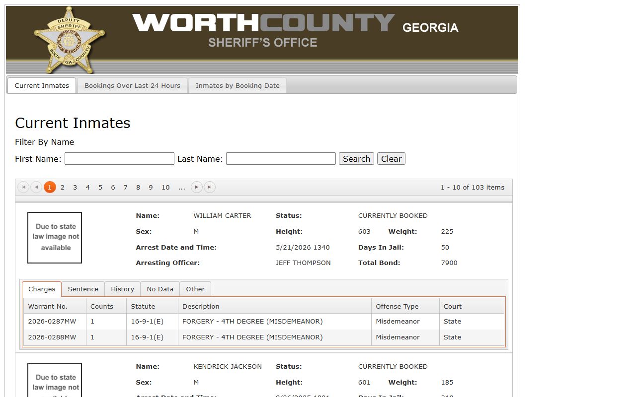 Worth County arrest records inmate portal charge lookup