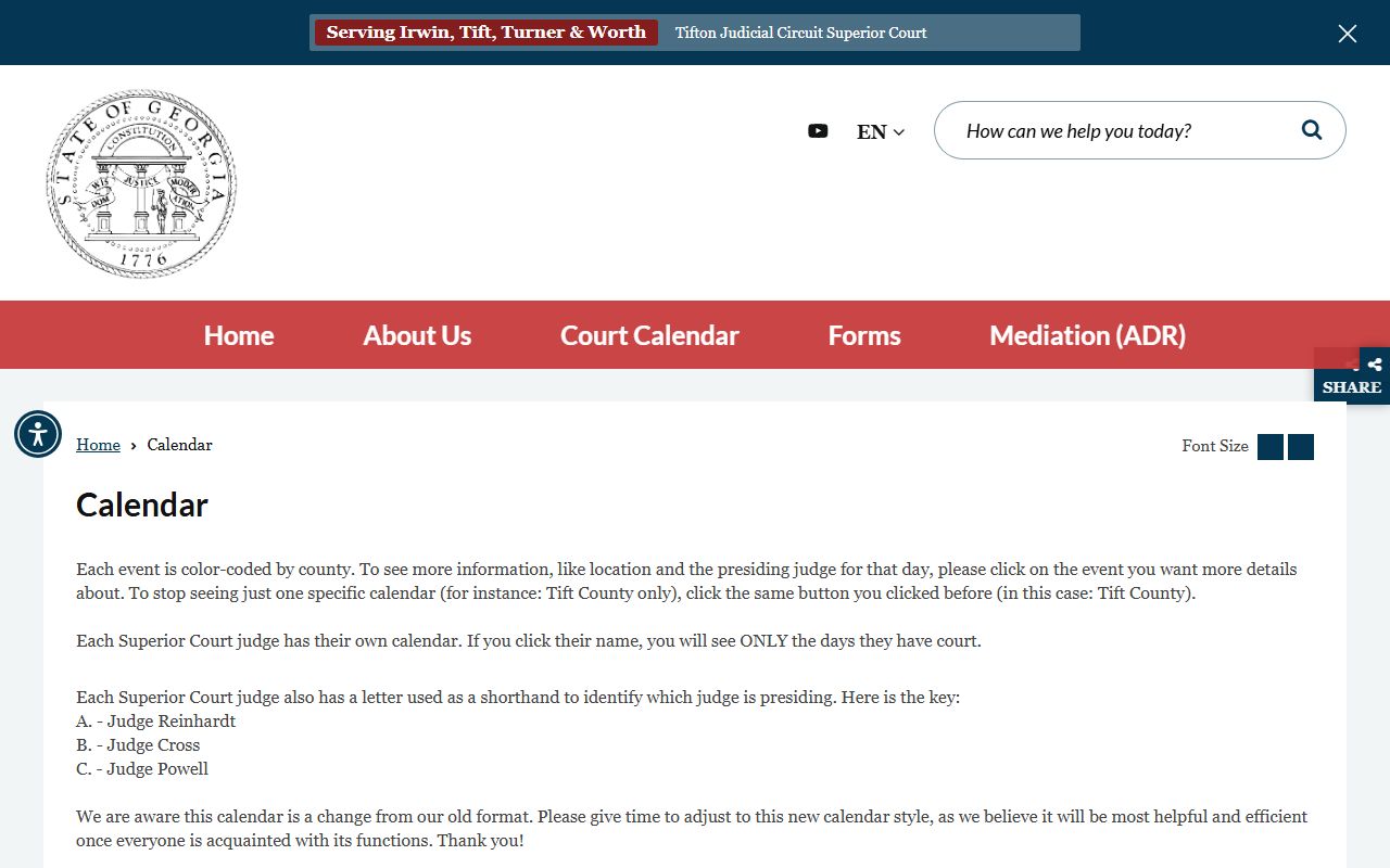 Worth County court dockets Tifton Judicial Circuit calendar