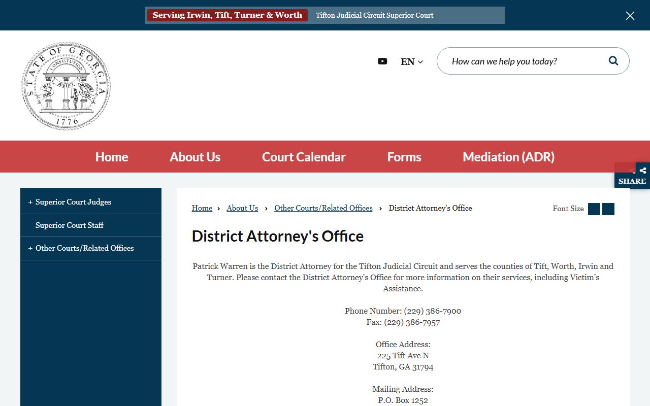 Worth County court dockets Tifton Judicial Circuit District Attorney