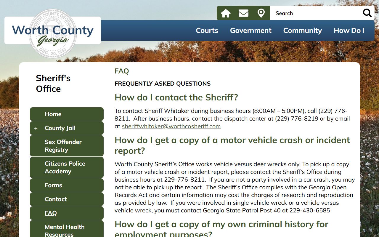 Worth County criminal court records Sheriff FAQ