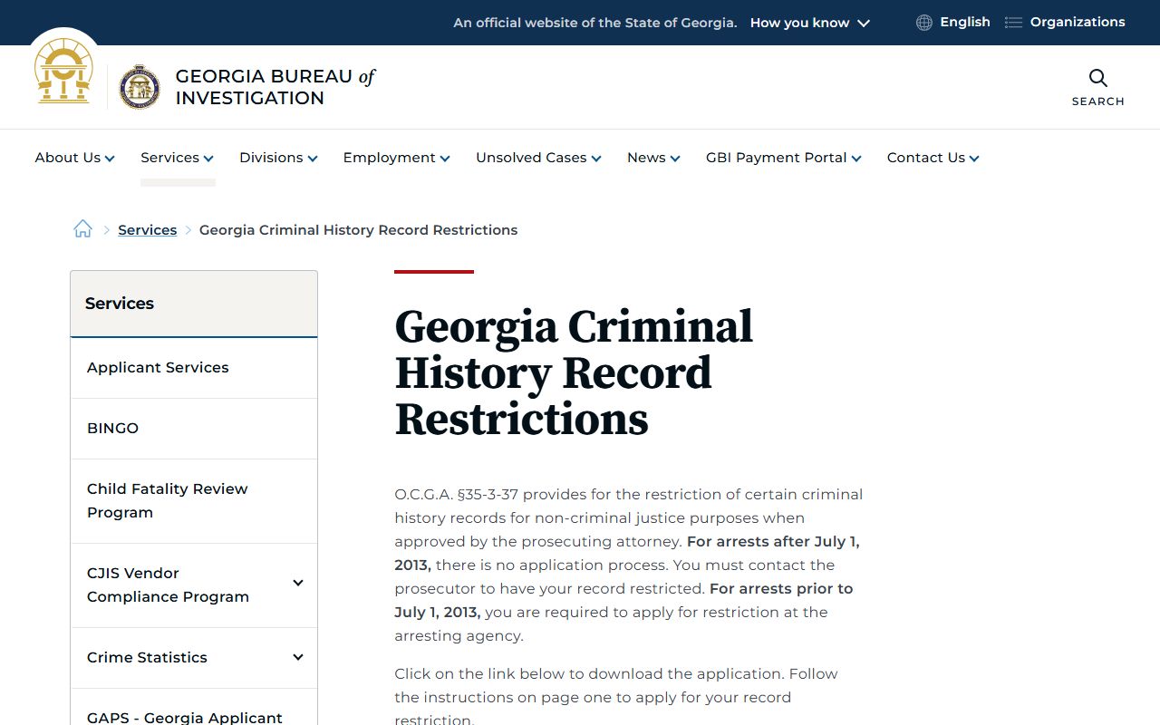 Worth County Superior Court Georgia criminal history record restriction