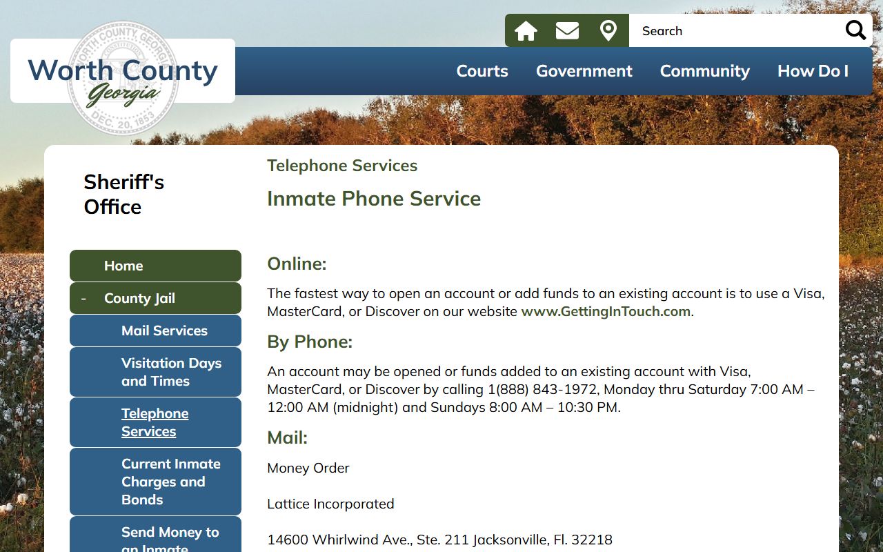 Worth County inmate records telephone account services
